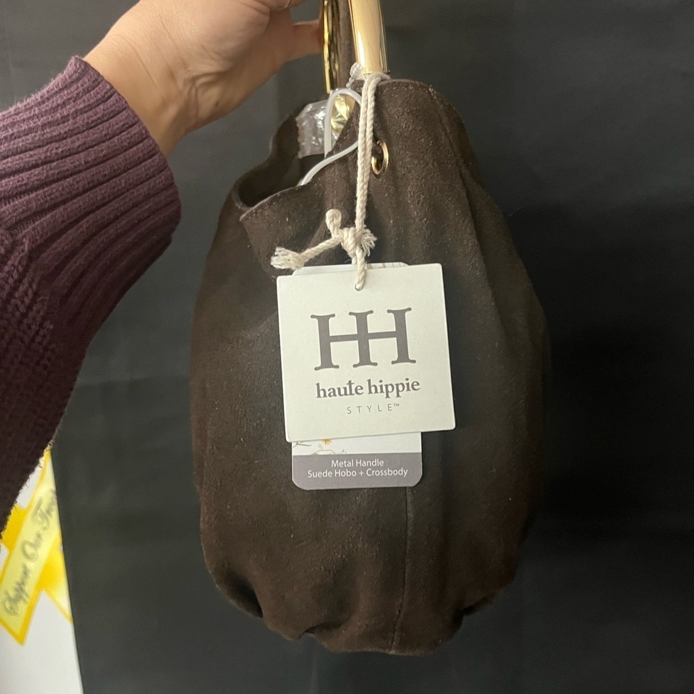 NWT Haute Hippie Dark Brown Suede Shoulder Bag with Gold Handle - Picture 8 of 13